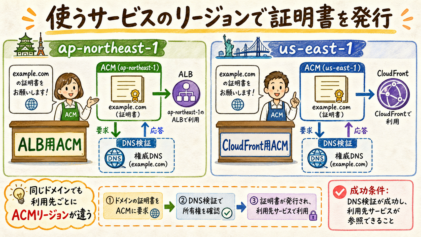 ALBとCloudFrontで必要なACM証明書のリージョンを示す図