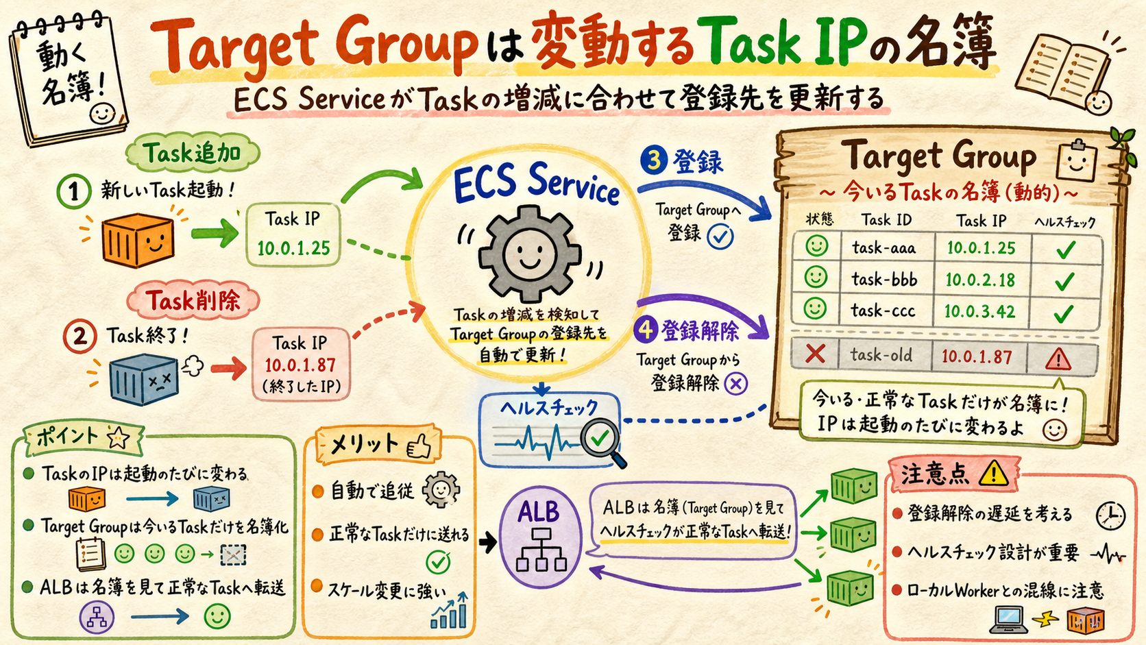 ECS serviceがFargate task IPをtarget groupへ同期する図