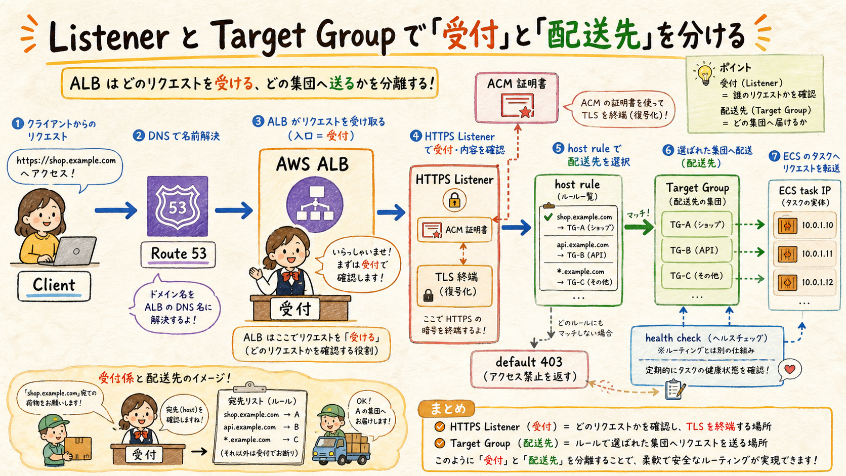 ALBのListenerがTarget Groupを経由してECSタスクへ送る図