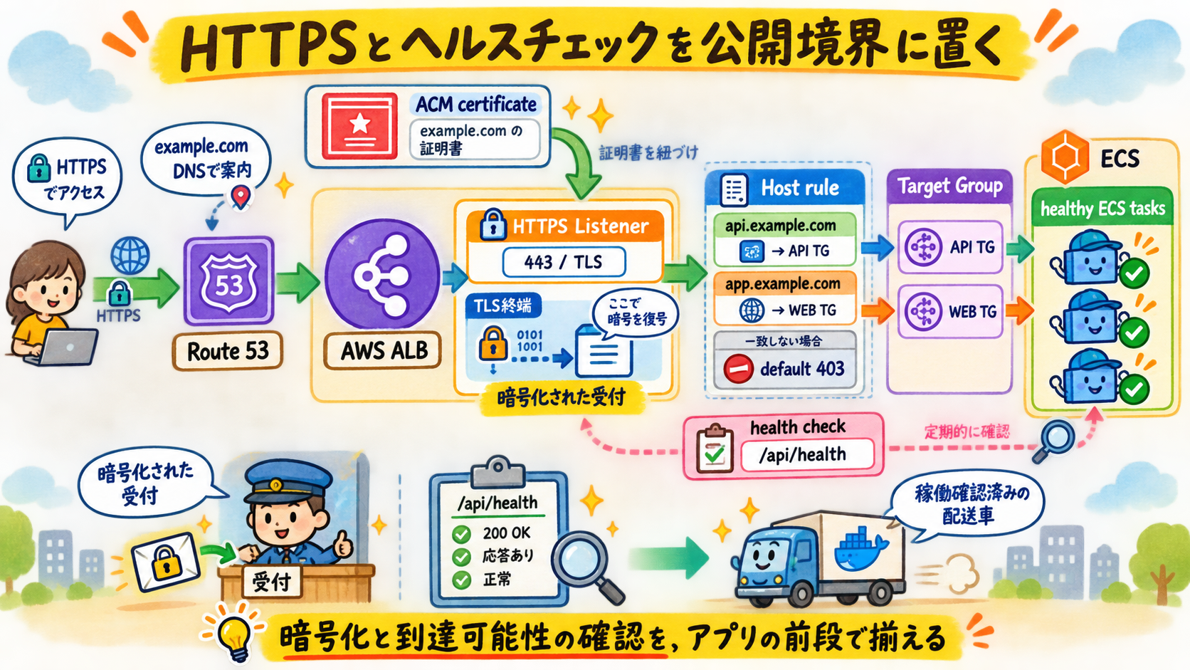 ALBがACM証明書でTLSを終端しヘルスチェックする図