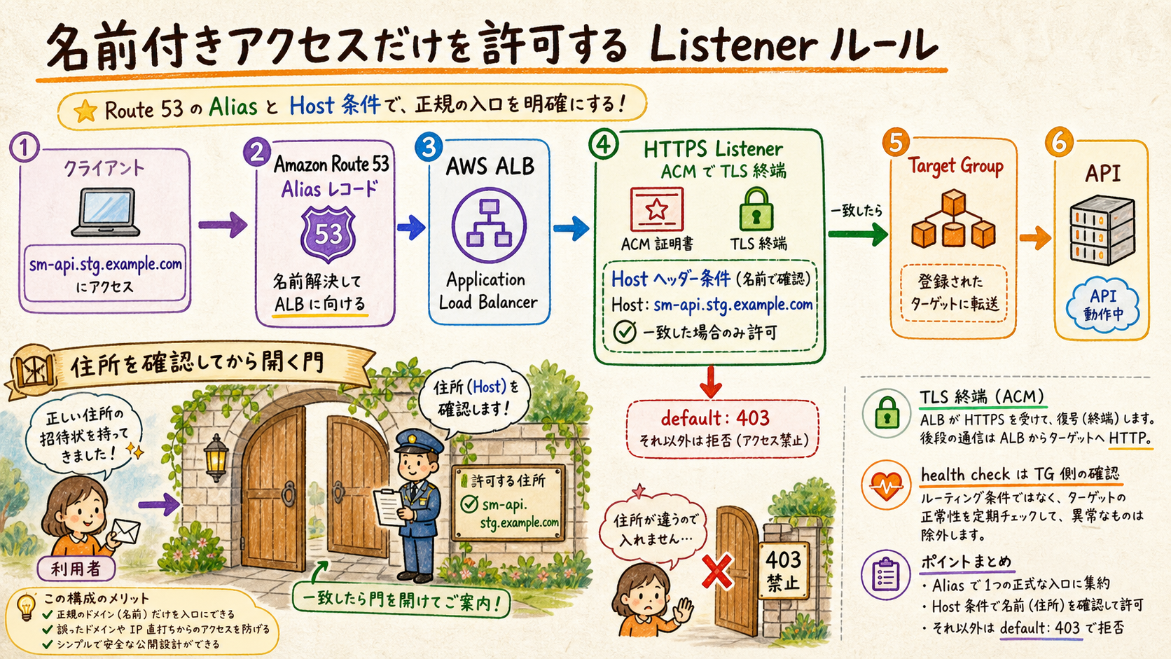 Route 53 AliasとALBのHostルールでAPIだけを許可する図