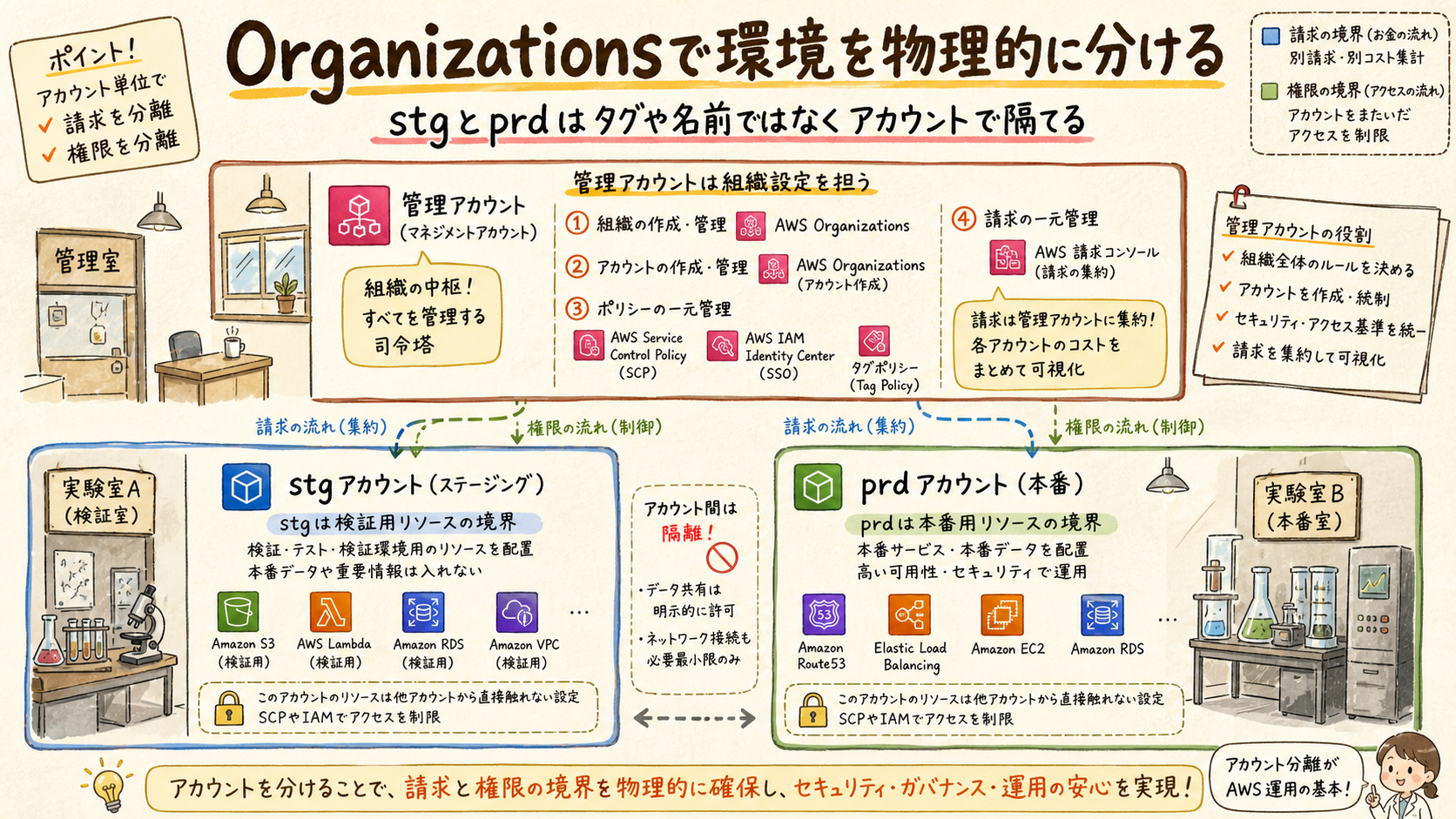 AWS Organizationsでstgとprdを分ける図
