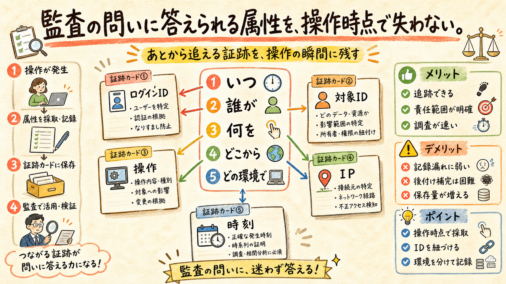 監査の問いに答えられる属性を、操作時点で失わない。