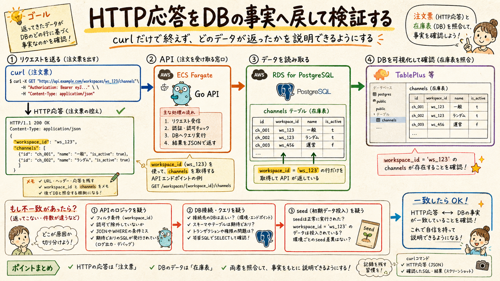 curlのAPI応答をTablePlusのDBデータと照合する流れ