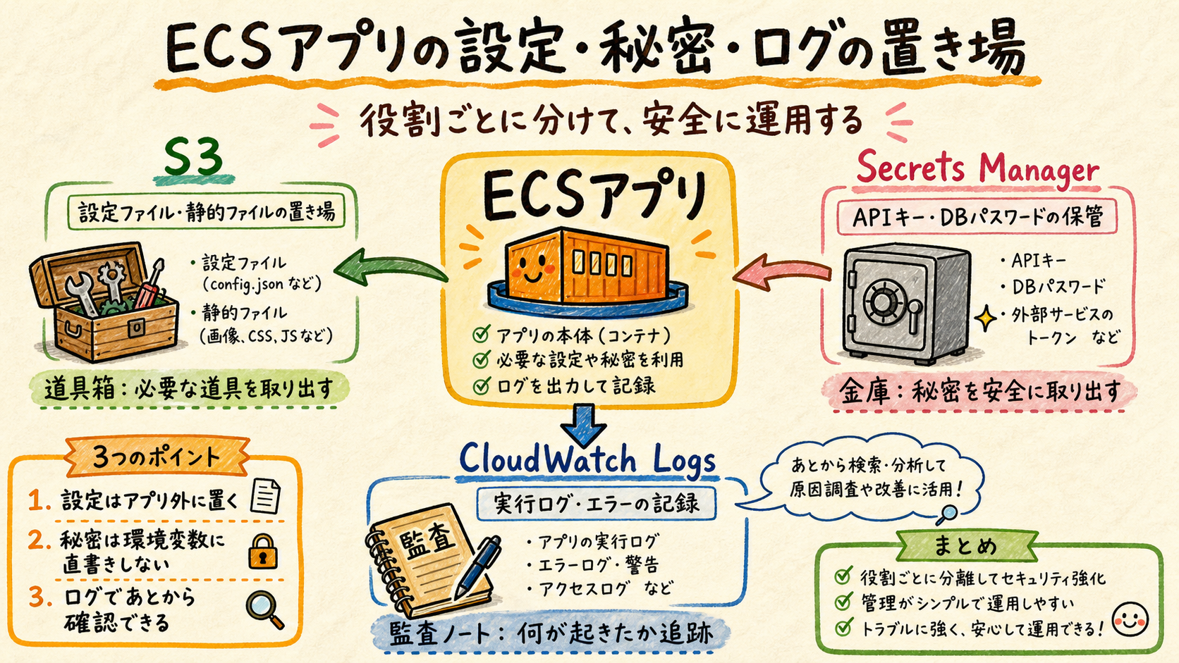 ECSとS3、Secrets Manager、CloudWatch Logsの関係