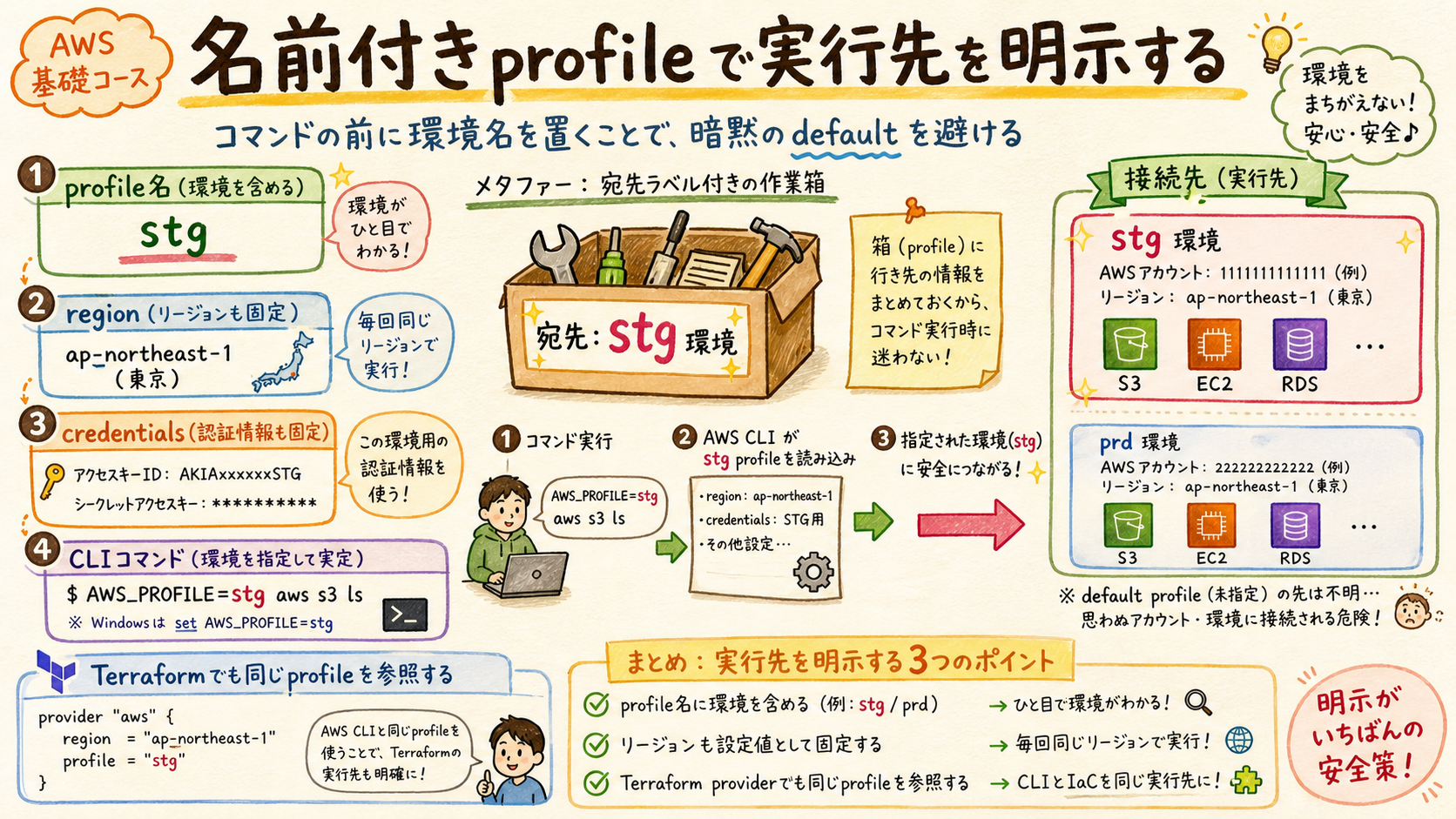 AWS CLIの名前付きprofileでアカウントとリージョンを指定する図