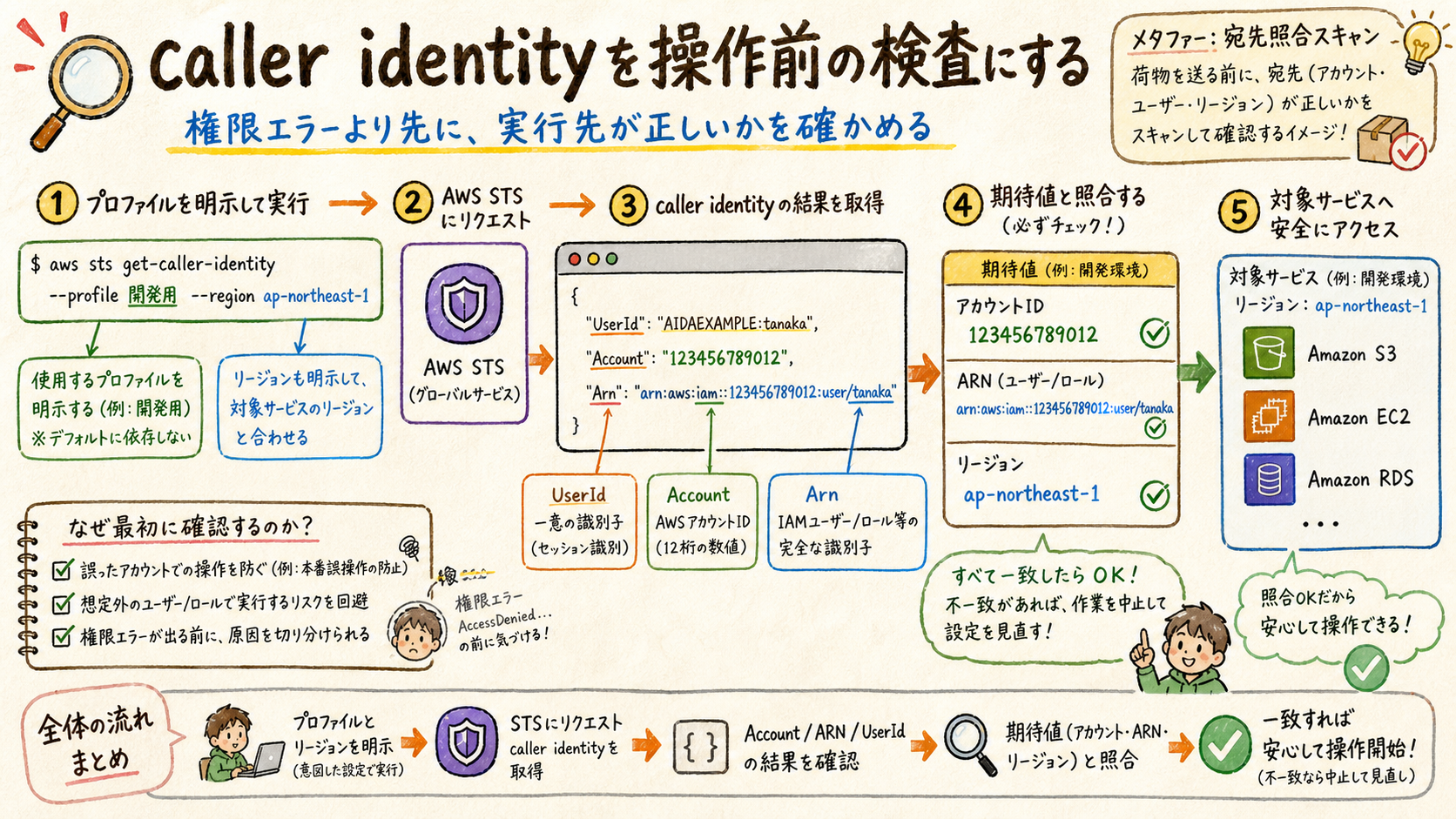 AWS CLIで現在のアカウントIDとARNを確認する図