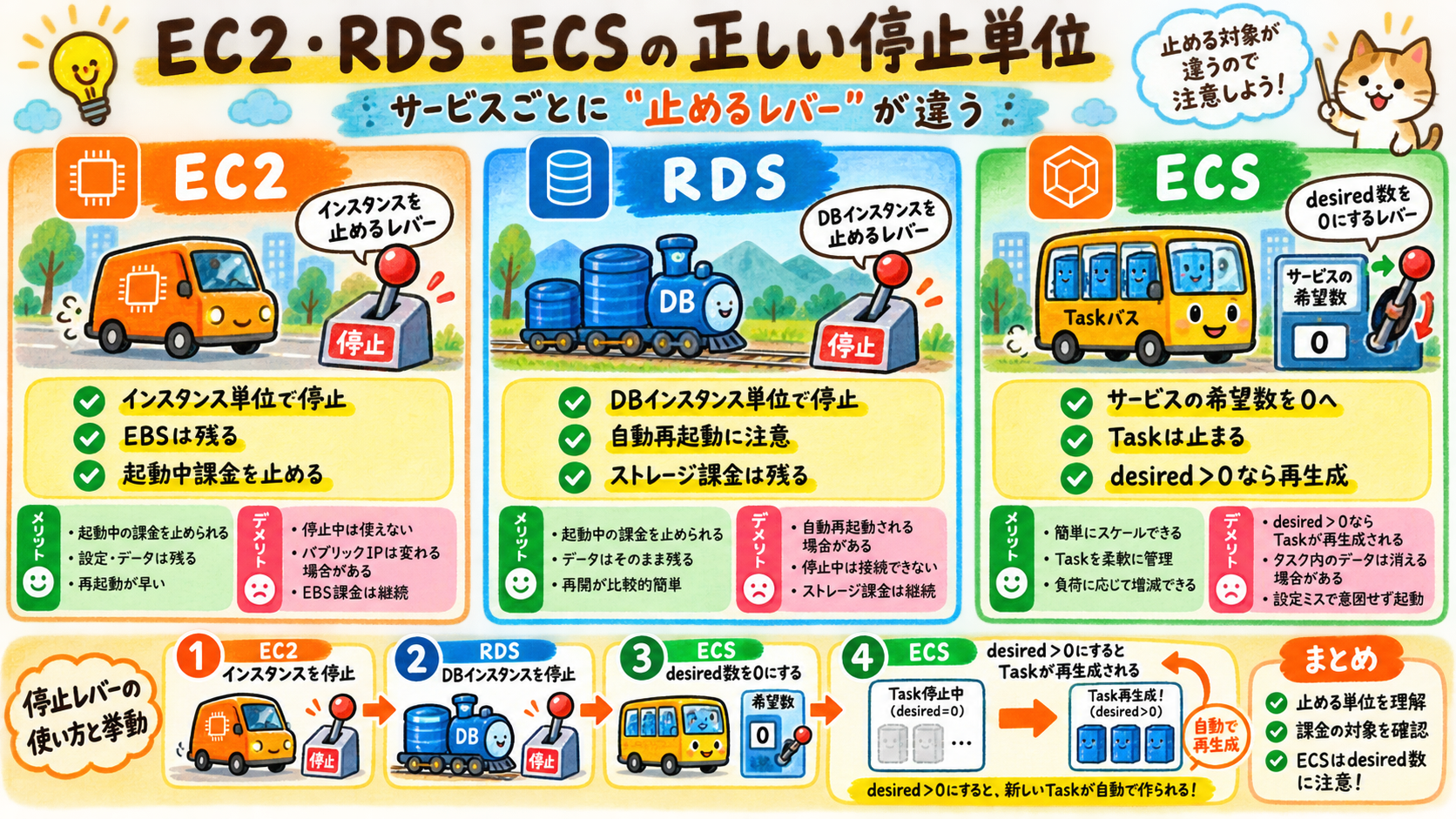 AWSリソースごとの停止方法の図