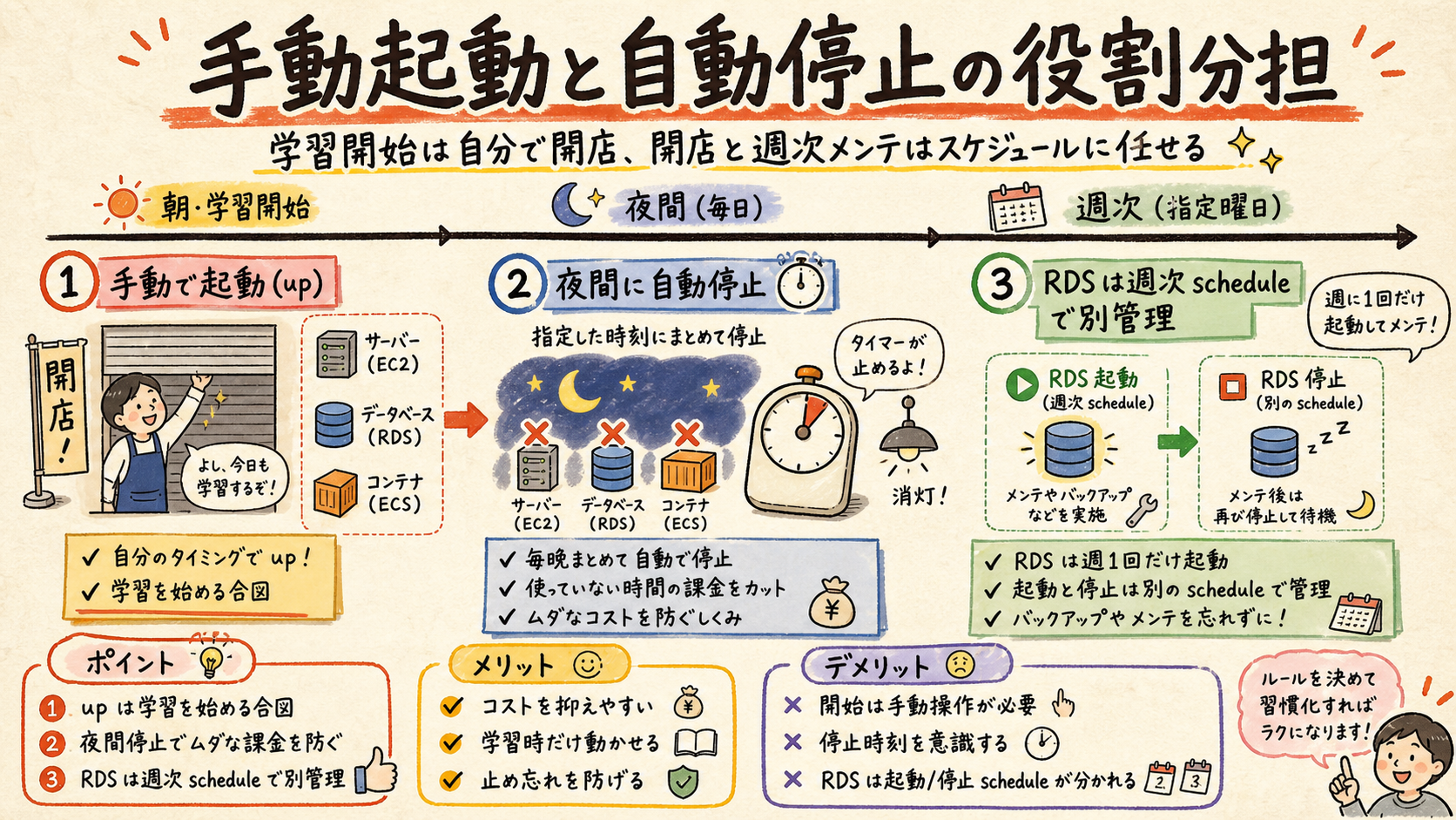 手動起動と自動停止の時間軸