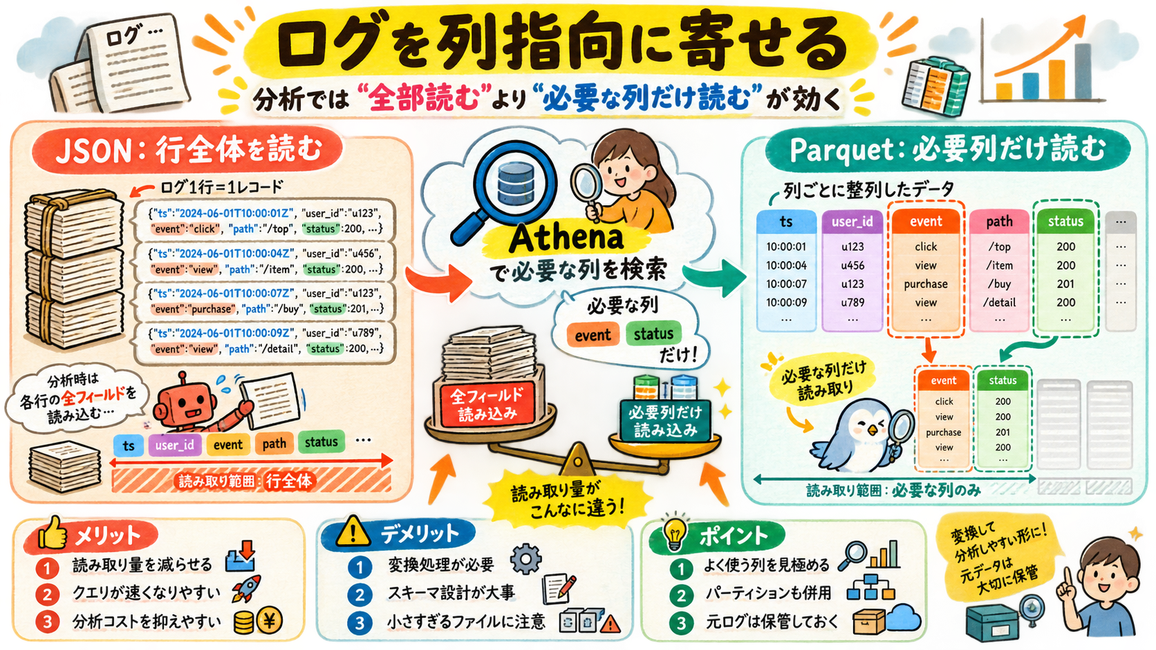 ログを分析向けの列指向形式へ寄せる。