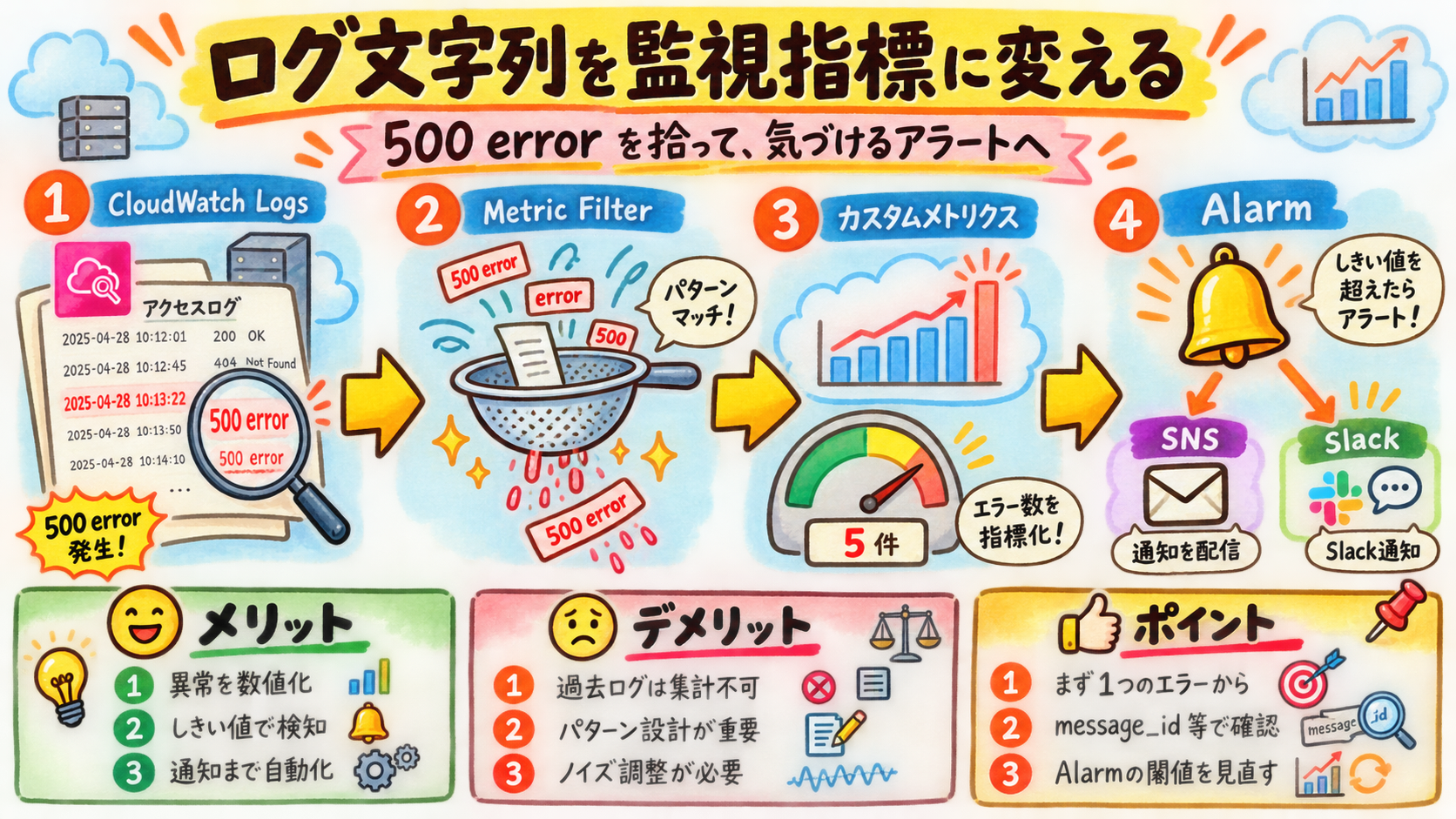 文字列のイベントを、継続監視できる指標に変換する。