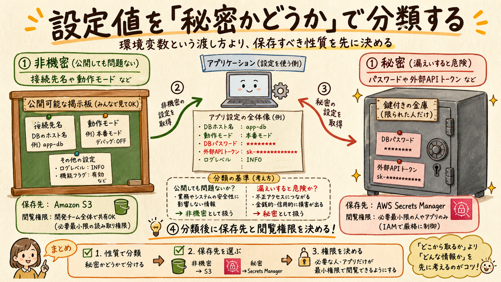 非機密設定をS3、秘密値をSecrets Managerに分ける図