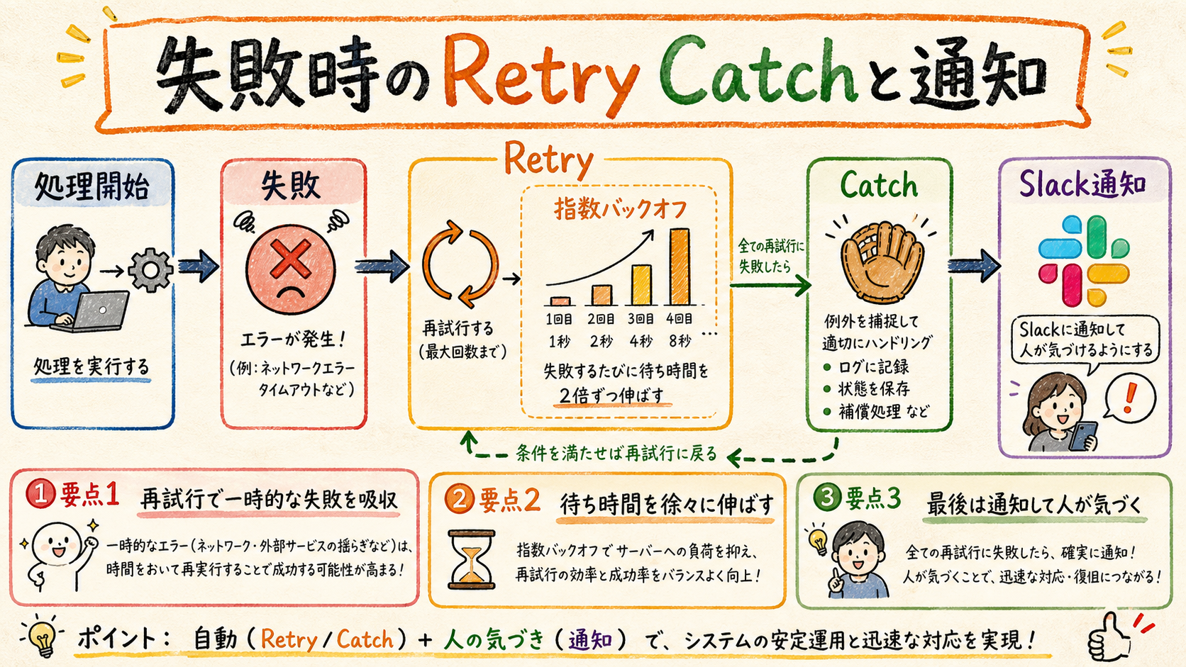 指数バックオフと通知のフロー