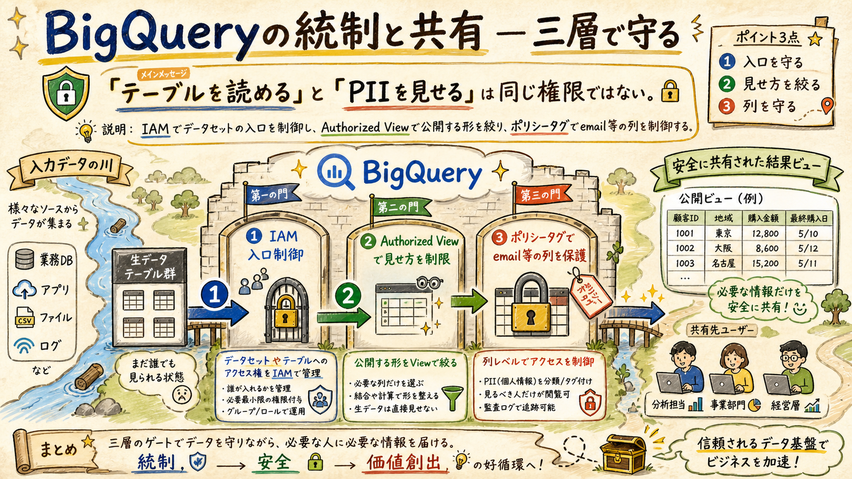 BigQueryの統制と共有の三層で守る図