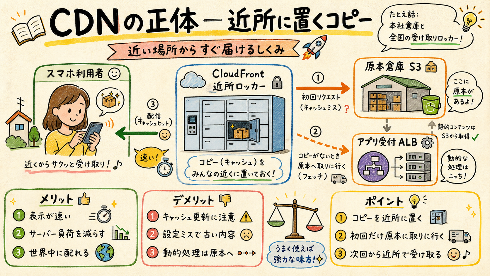 利用者、CloudFrontのエッジ、S3とALBの関係を倉庫で表した図