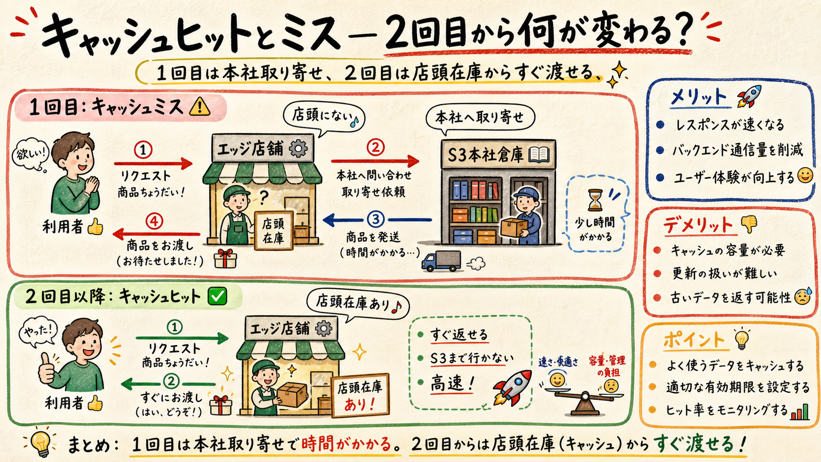 キャッシュミスとキャッシュヒットの通信経路を比較した図