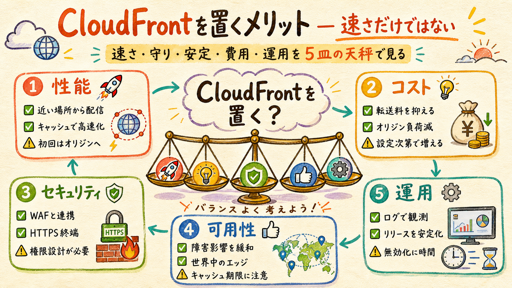 CloudFront導入を性能、コスト、セキュリティ、可用性、運用で評価する図