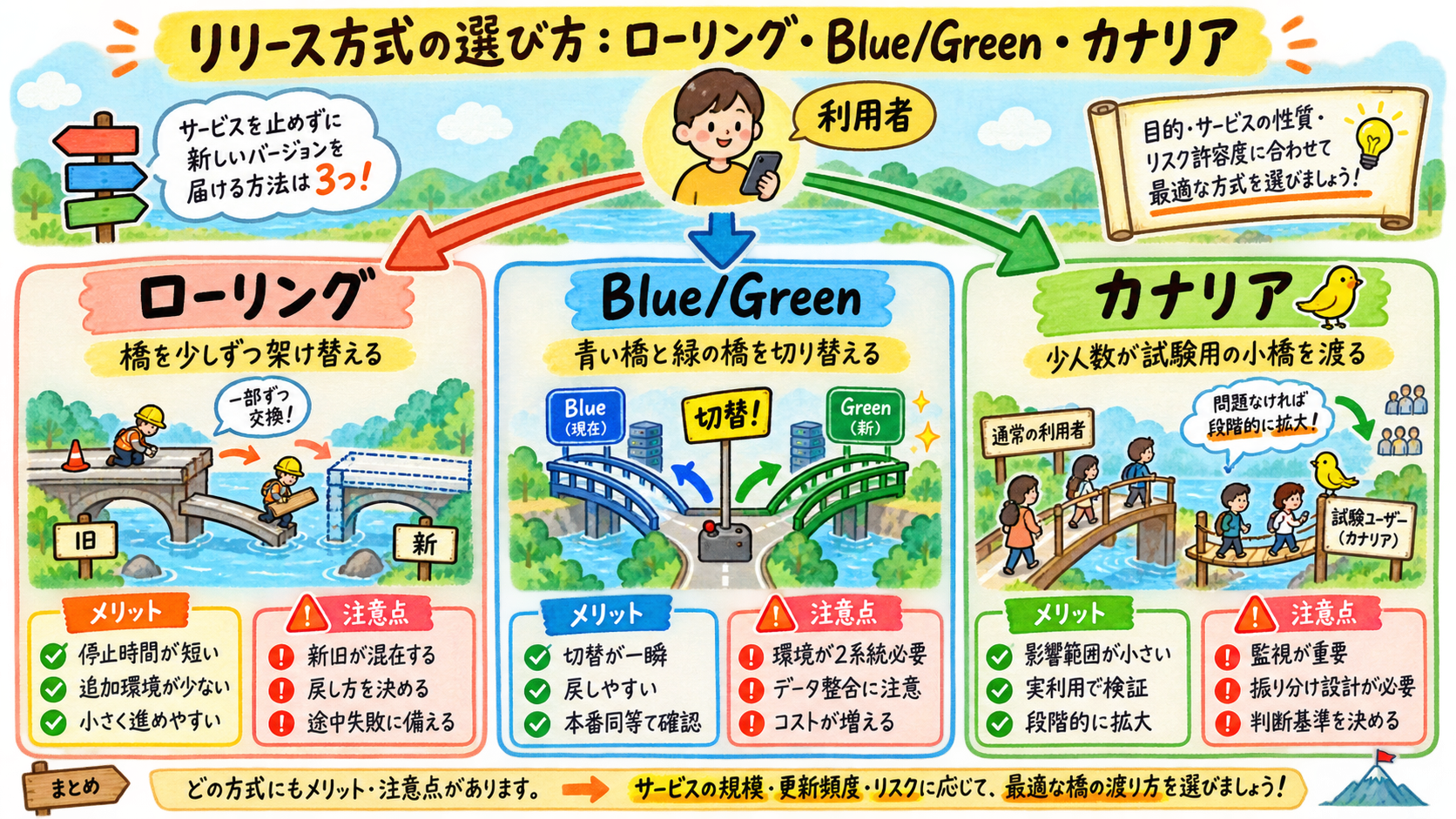 三つの方式は「誰を、いつ、新版へ流すか」の違い