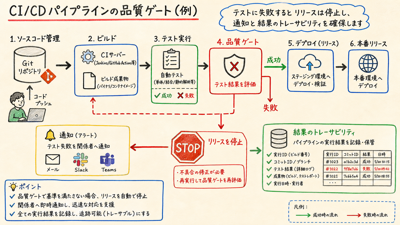 パイプラインは速さだけでなく、失敗を早く・安全に止めるための設計である。