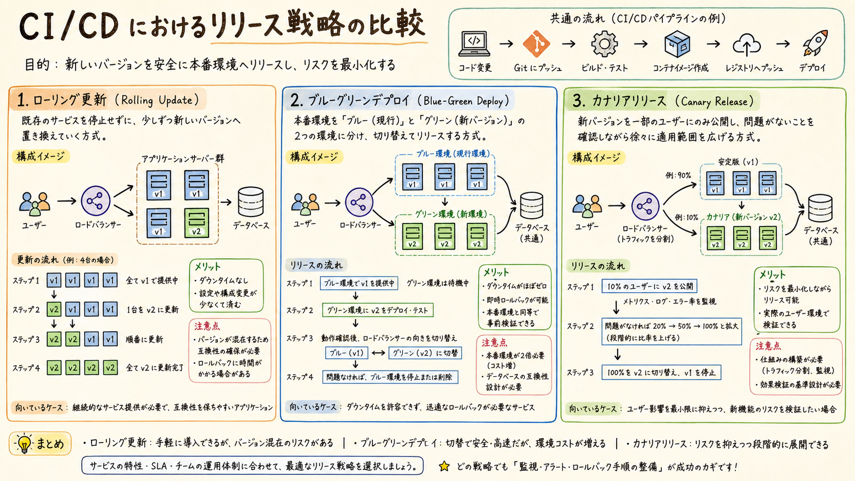 リリース方式は障害時の戻しやすさと運用負荷で選ぶ。