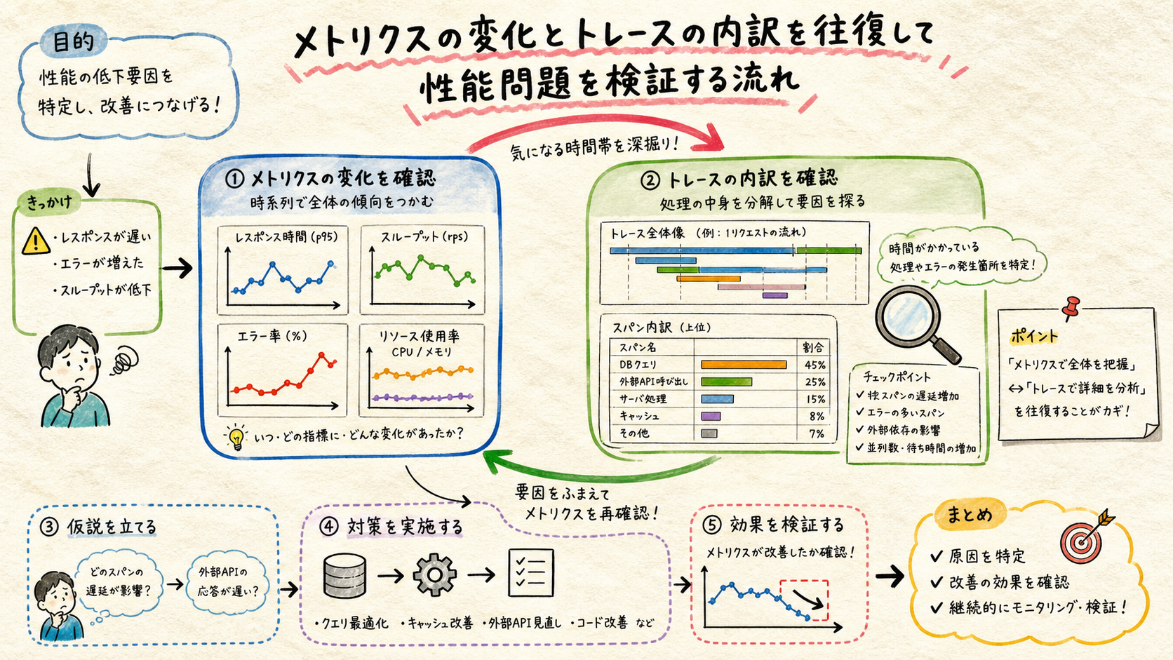 メトリクスとトレースを性能判断につなぐを示す図