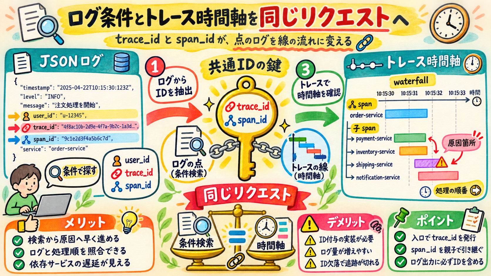 ログの条件と、トレースの時間軸を同じリクエストへ結び付ける。