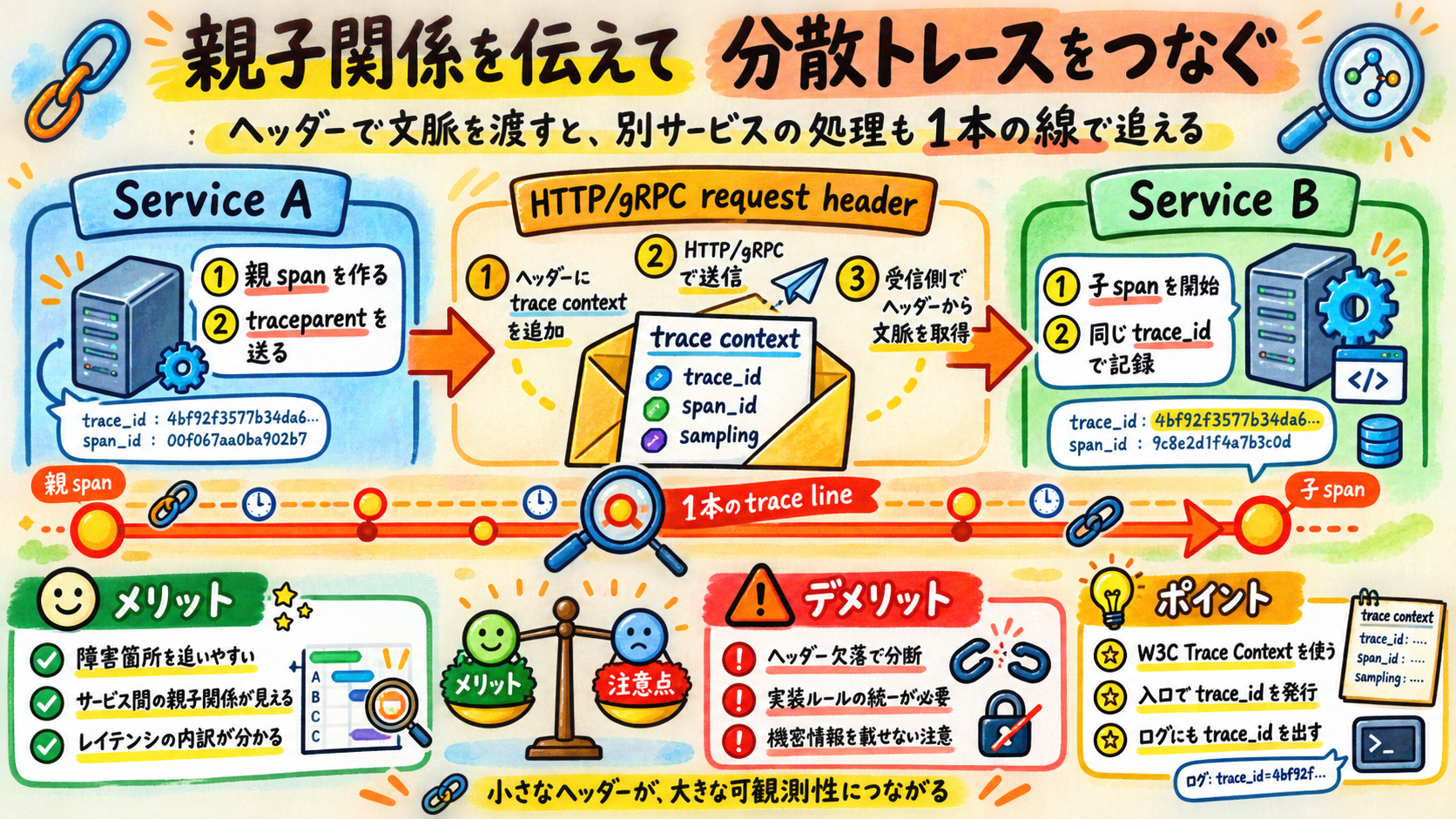 次のサービスに親子関係を伝え、分散トレースをつなぐ。
