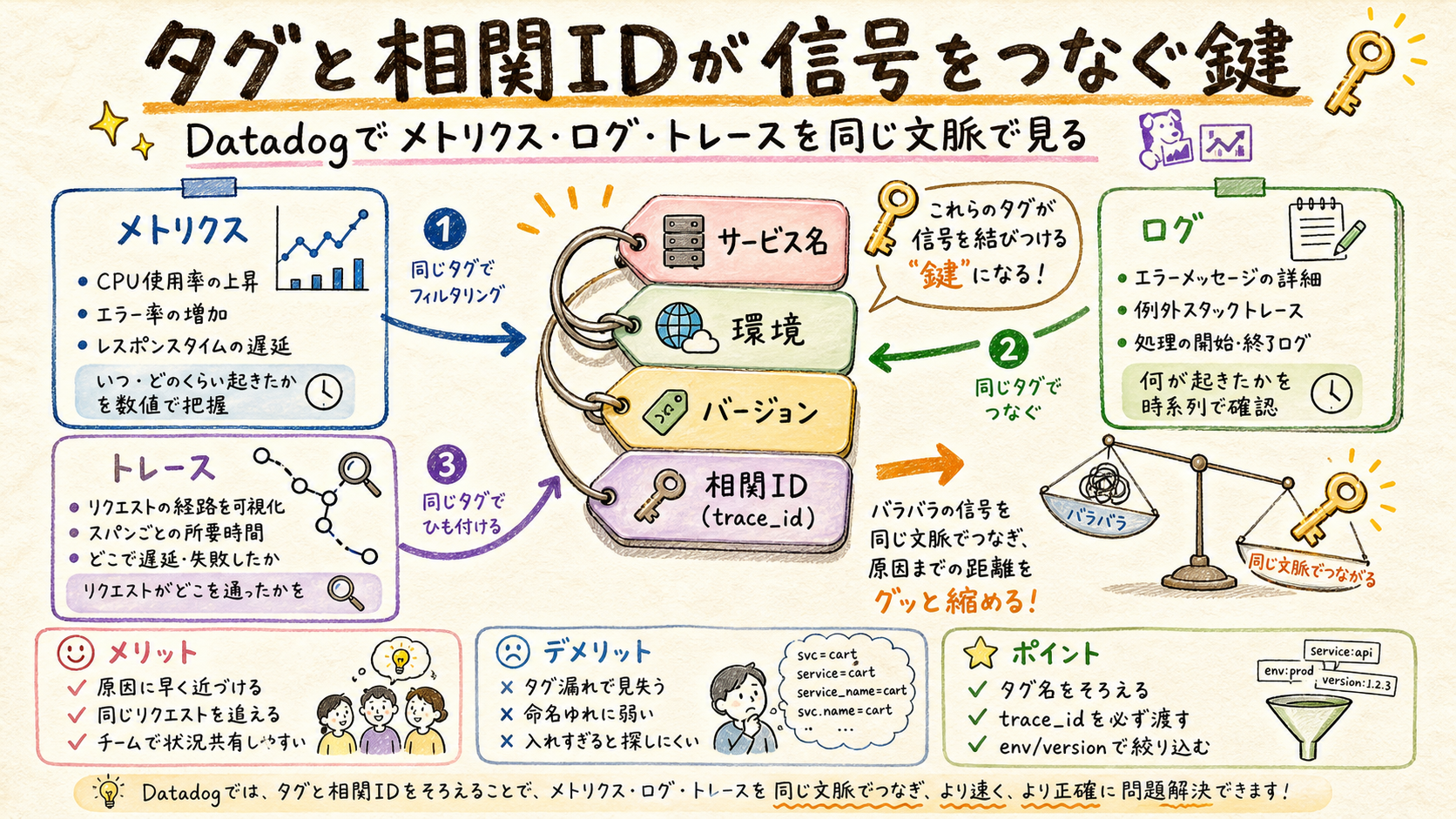 サービス名・環境・バージョン・相関IDが、信号を結ぶ鍵になる。