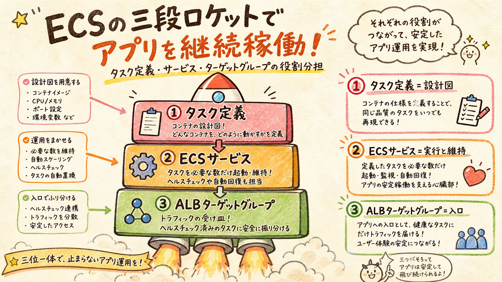 タスク定義・サービス・ALBの責務を分けるを示す図