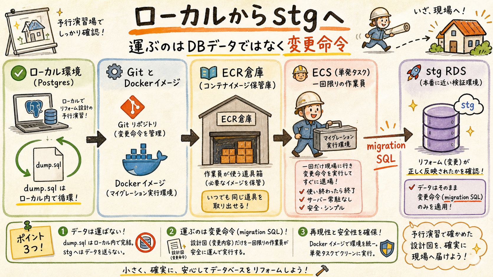 ローカル検証からECS経由でstg RDSへmigrationを適用する全体図