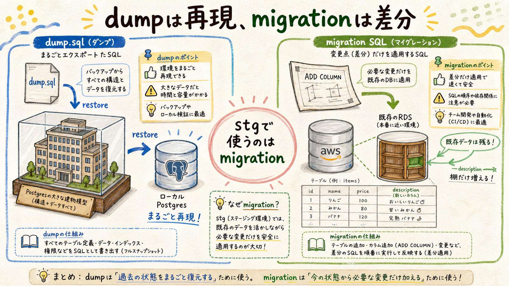 dump.sqlとmigration SQLの用途を比較した図