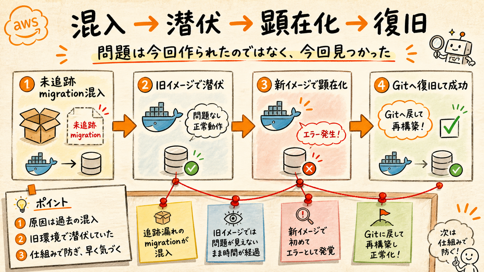 未追跡migrationの混入からrevision 8での復旧までを示す時系列図