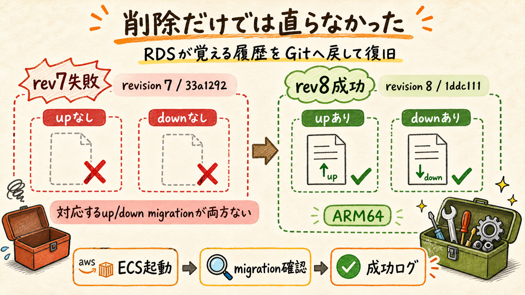 33a1292の失敗からmigrationを復旧した1ddc111の成功までを示す図