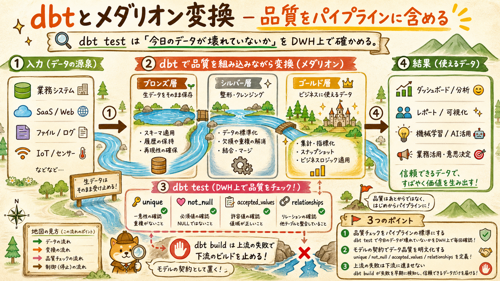 dbtとメダリオン変換の品質をパイプラインに含める図