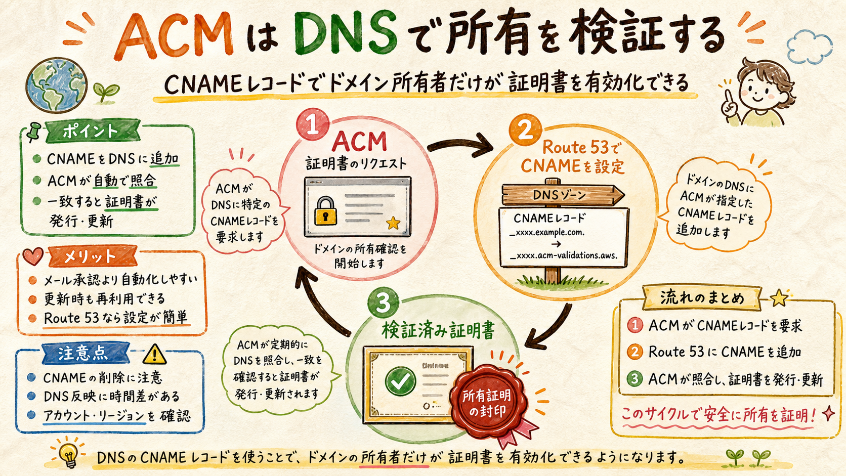 ACMのCNAME DNS検証と自動更新の図