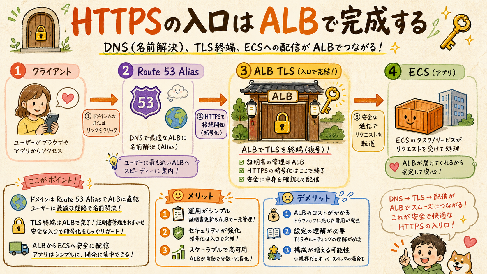 Route 53 AliasとACM証明書を使うHTTPS入口の図