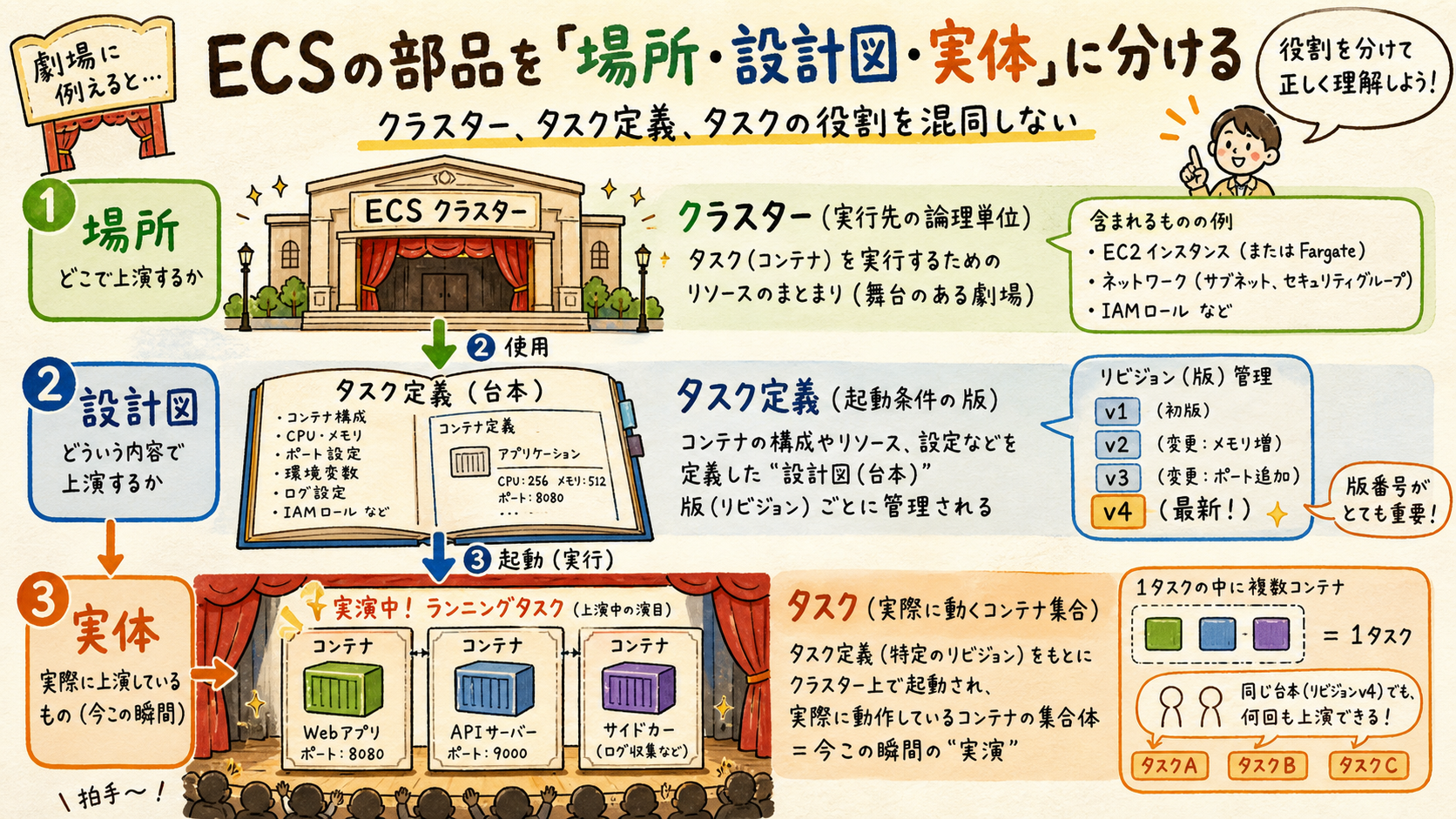 ECSクラスター、タスク定義、実行中タスクの関係