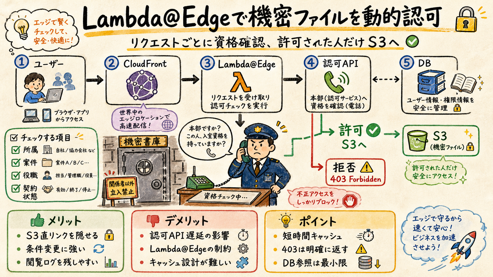 Lambda@Edgeから認可APIとDBを使う機密ファイル配信フロー