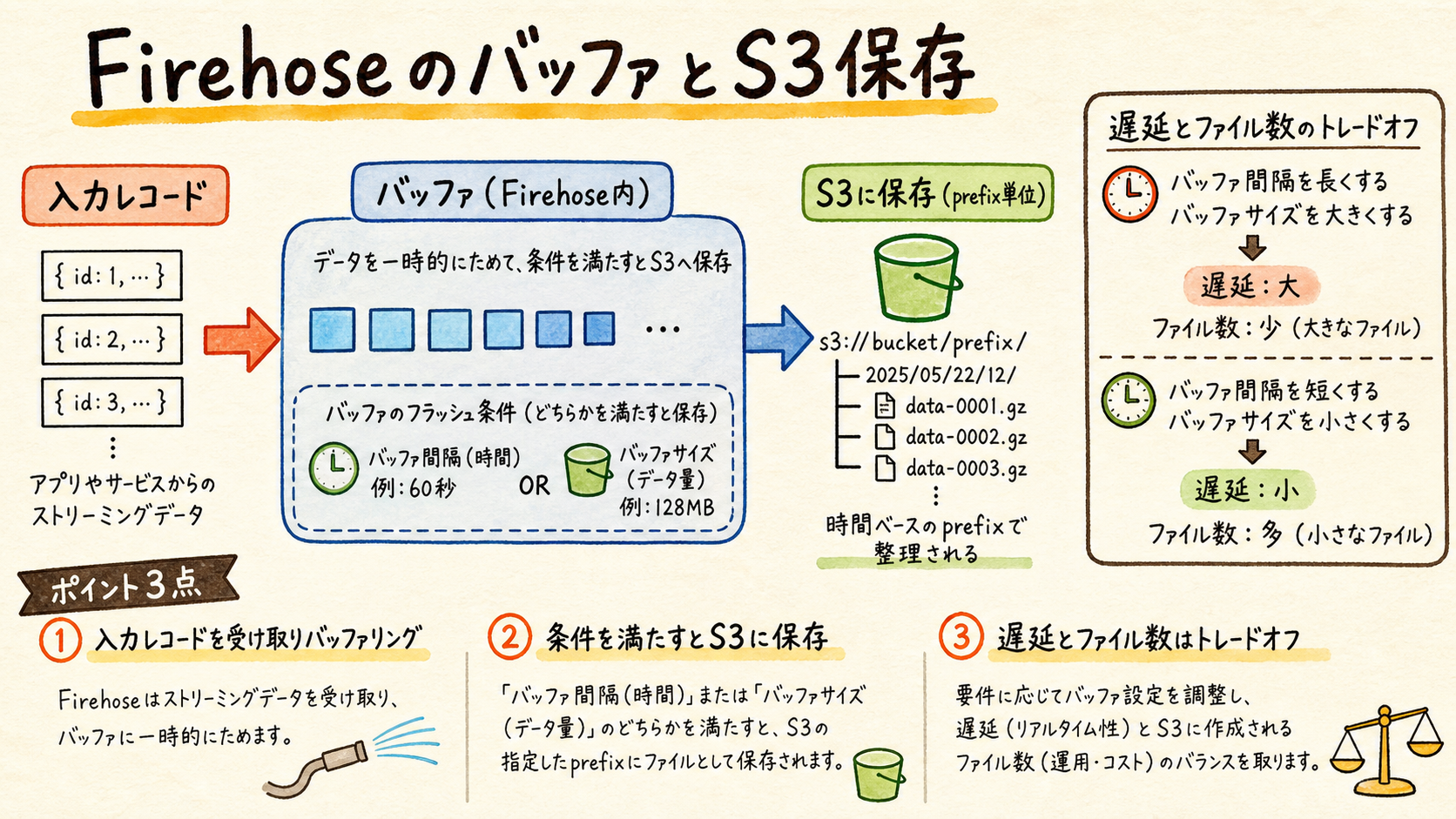 FirehoseがバッファしてS3へ書くの図解