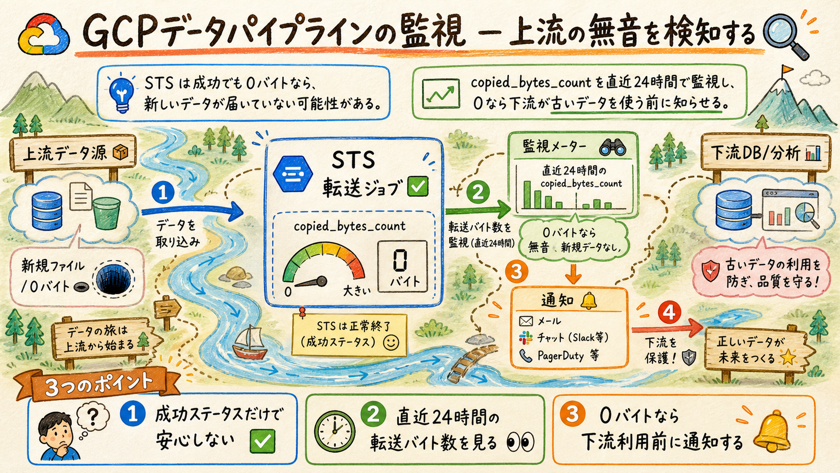 GCPデータパイプラインの監視の上流の無音を検知する図