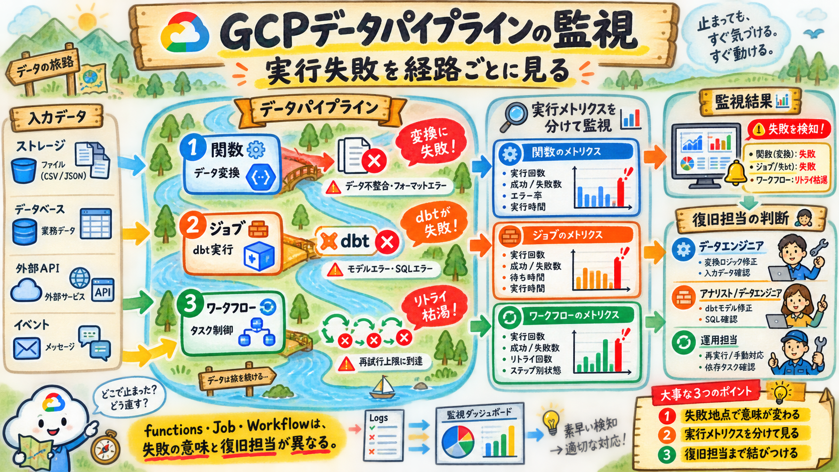 GCPデータパイプラインの監視の実行失敗を経路ごとに見る図