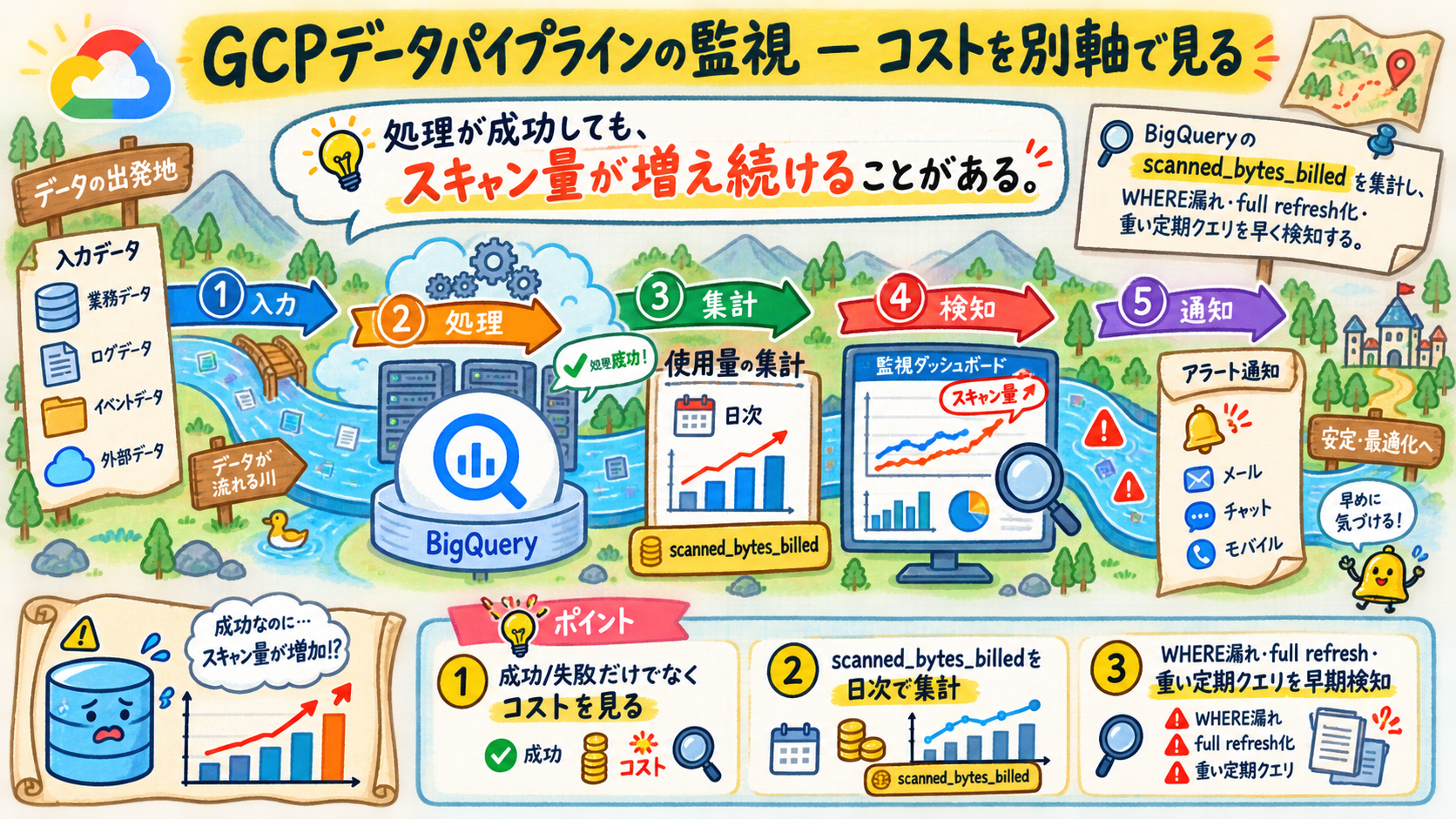GCPデータパイプラインの監視のコストを別軸で見る図