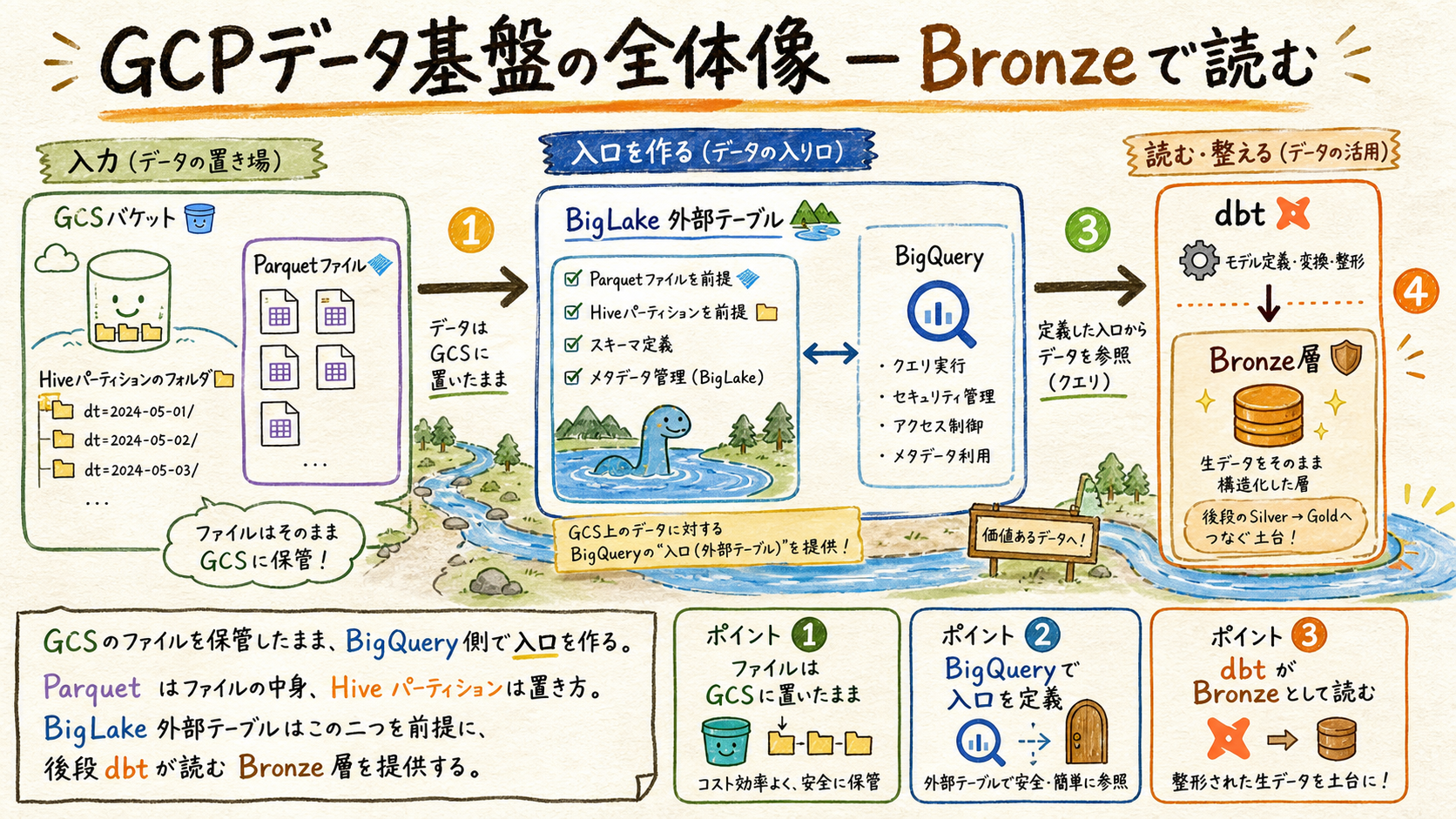 GCPデータ基盤の全体像のBronzeで読む図