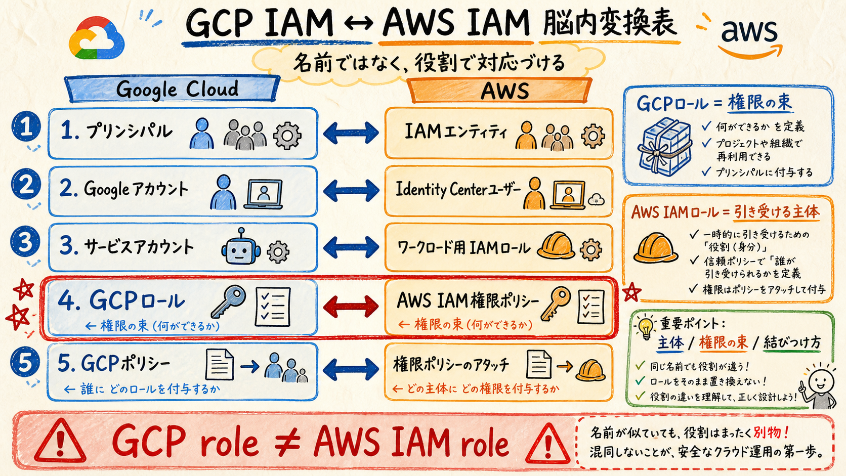 Google Cloud IAMとAWS IAMの主要概念を左右で対応づけた比較図