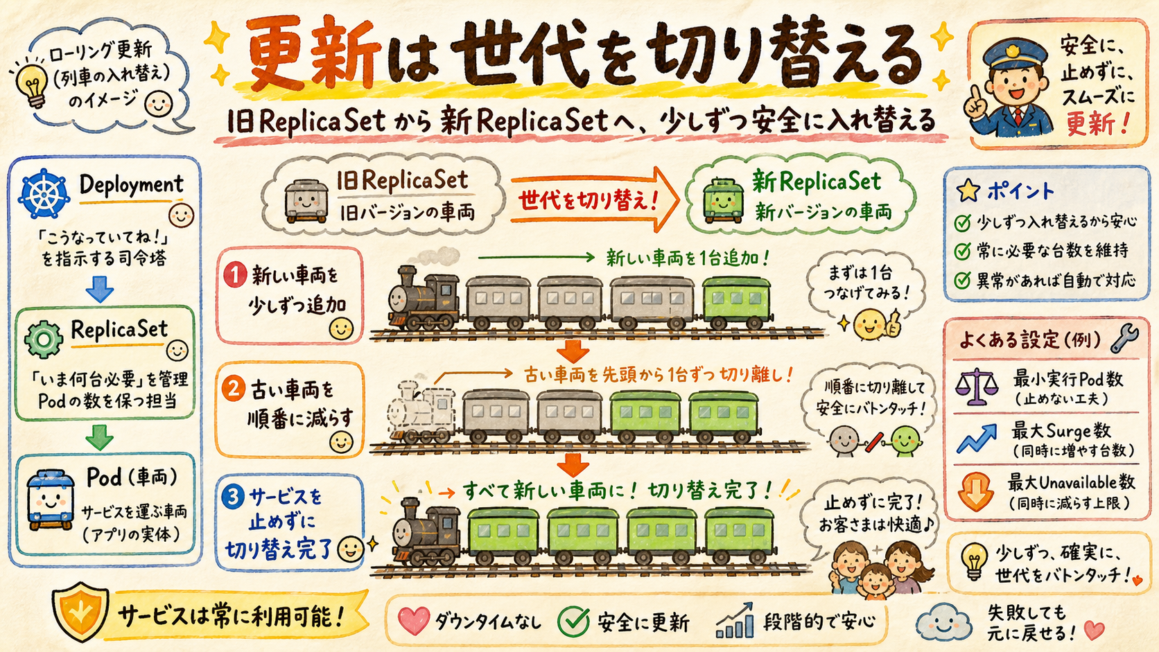 旧ReplicaSetと新ReplicaSetが入れ替わるローリング更新