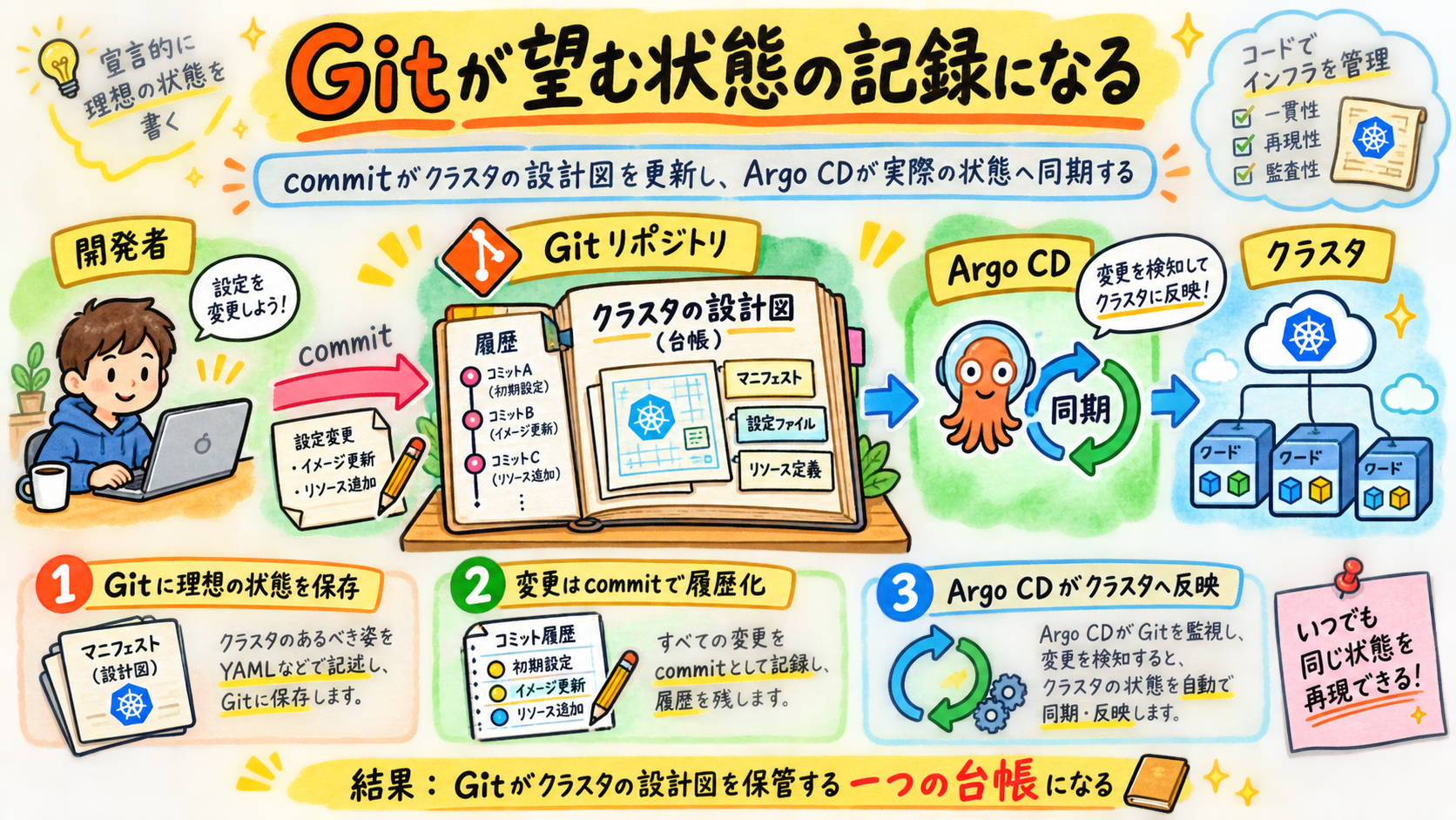 開発者のcommit→Gitリポジトリ→Argo CD→クラスタの一本道