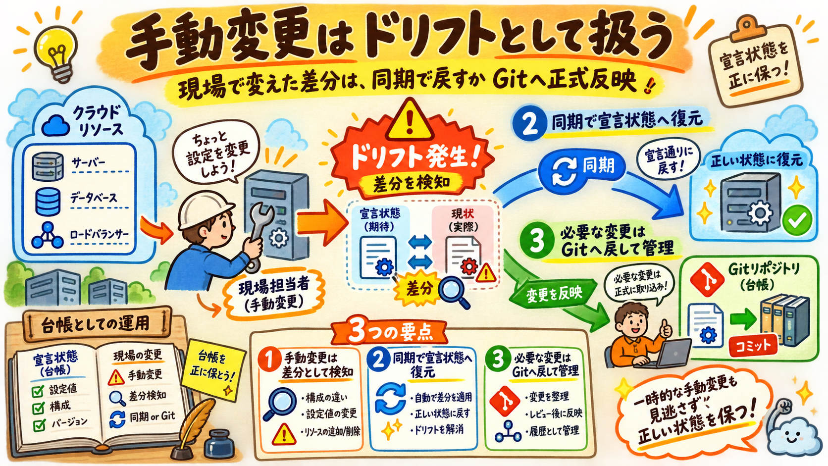 手動変更で差分発生→同期で復元、またはGitへ変更を戻す分岐
