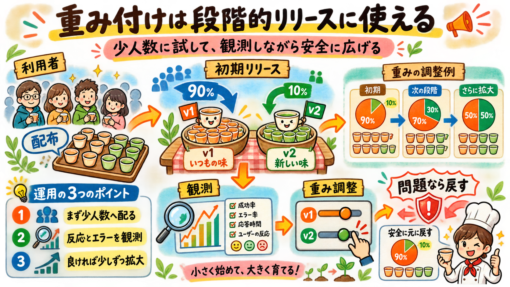 v1/v2へ重み付きトラフィックを振り分け、観測して調整する図