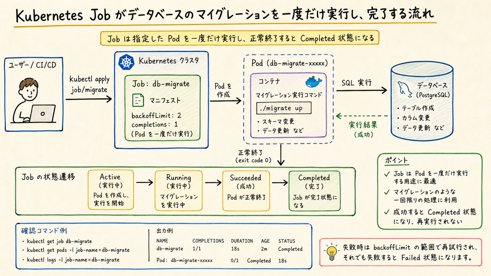 Jobは成功完了を目的とする短命ワークロードである。