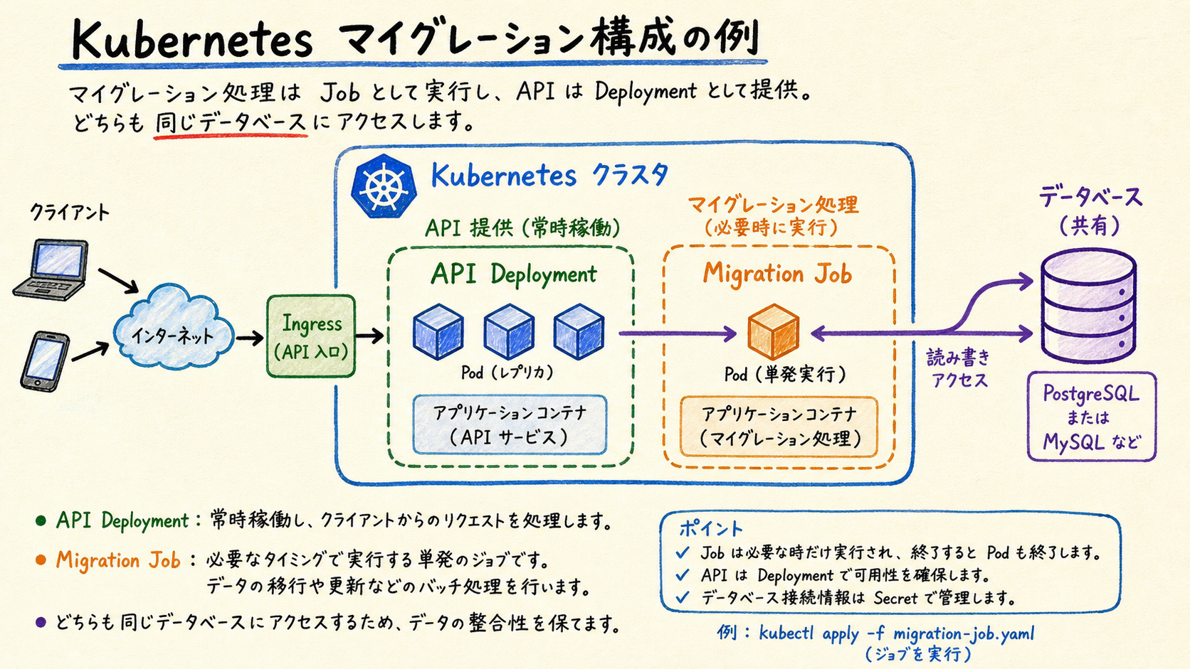 マイグレーションはAPI Podの起動処理に混ぜず、独立して成否を確認する。